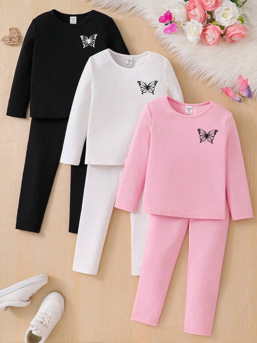 6 stuks/set meisjes en peuters ronde hals gebreide vlinder print T-shirt en legging set, geschikt voor casual dagelijks gebruik