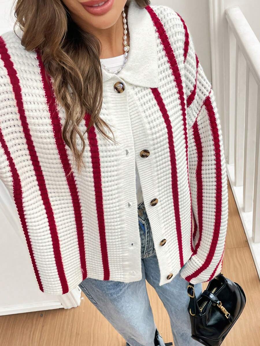 SHEIN Frenchy Women Button Down Collar Long Sleeve Striped Cardigan, Casual Everyday Wear,Red Christmas ,Christmas Clothes,Christmas Top,Festival Clothes