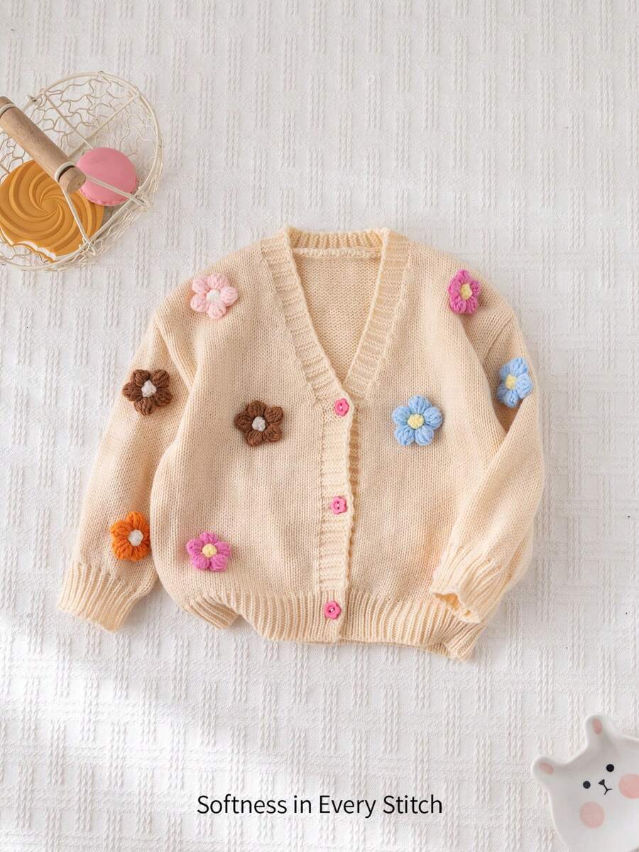Cozy Pixies Baby Girl 3D Floral Soft Knitted Cardigan, Casual And Versatile, Suitable For Autumn/Winter