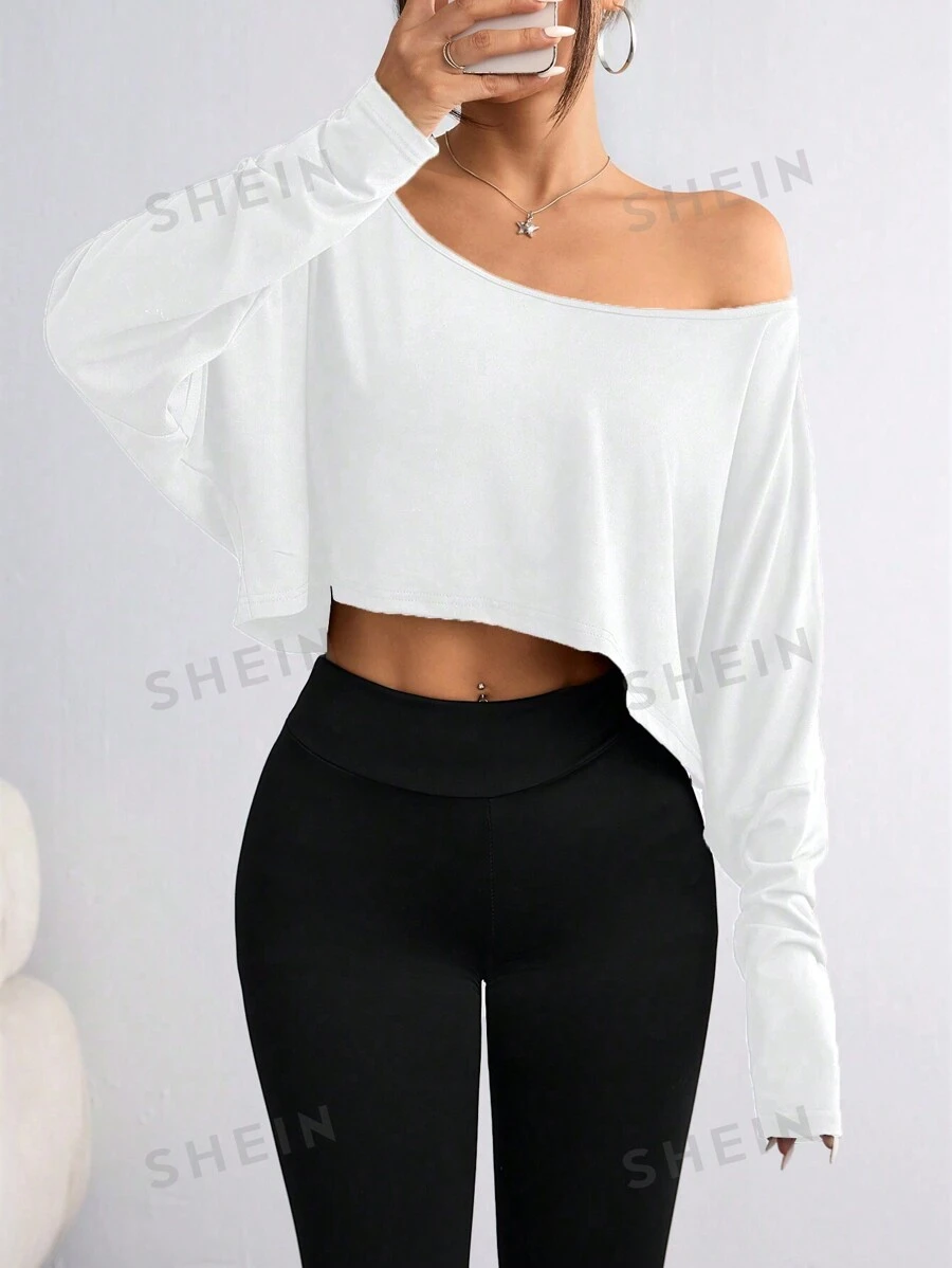 Flirla Camiseta casual de manga larga y cuello asimétrico, corta, de unicolor, para otoño, para mujer