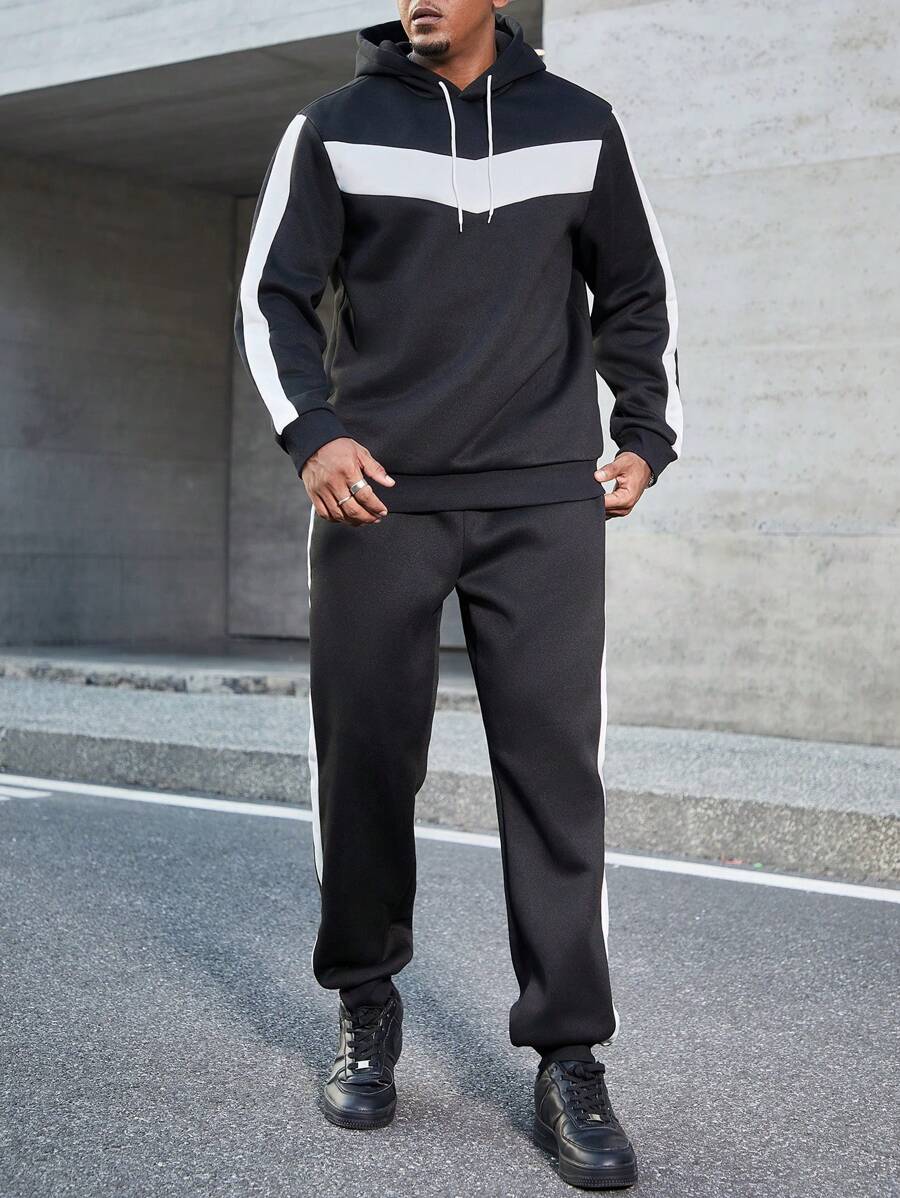 Manfinity Homme 2pcs Men Plus Size Casual Color Block Drawstring Hooded Sweatshirt And Sweatpants Set