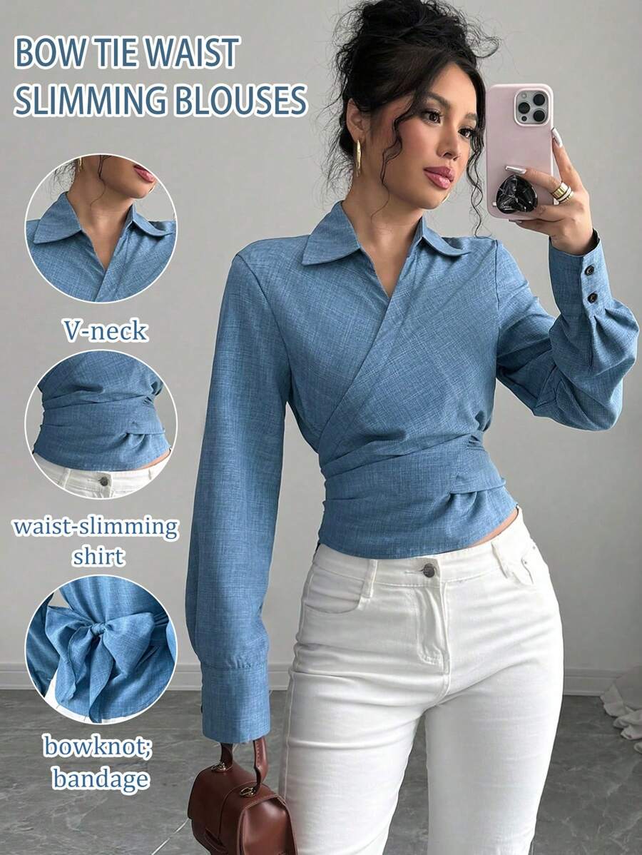 Elenzga Blusa larga de manga larga con nudo elegante para mujer, adecuada para ir al trabajo, otoño/invierno