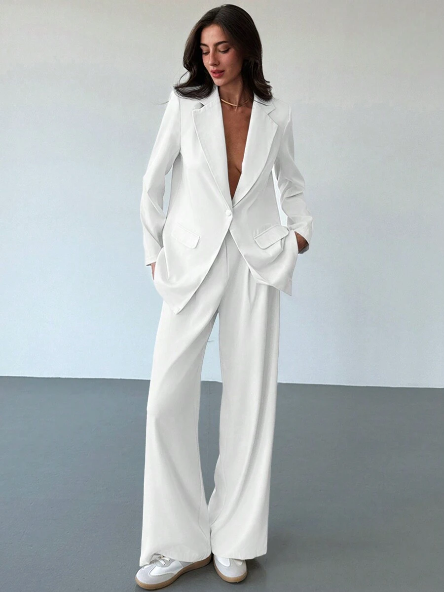Aloruh New Elegant Commuter Suit Set With Silhouette Design, Long Suit Jacket, Winter, Business Casual, Elegant, White , Wide Leg,Baggy