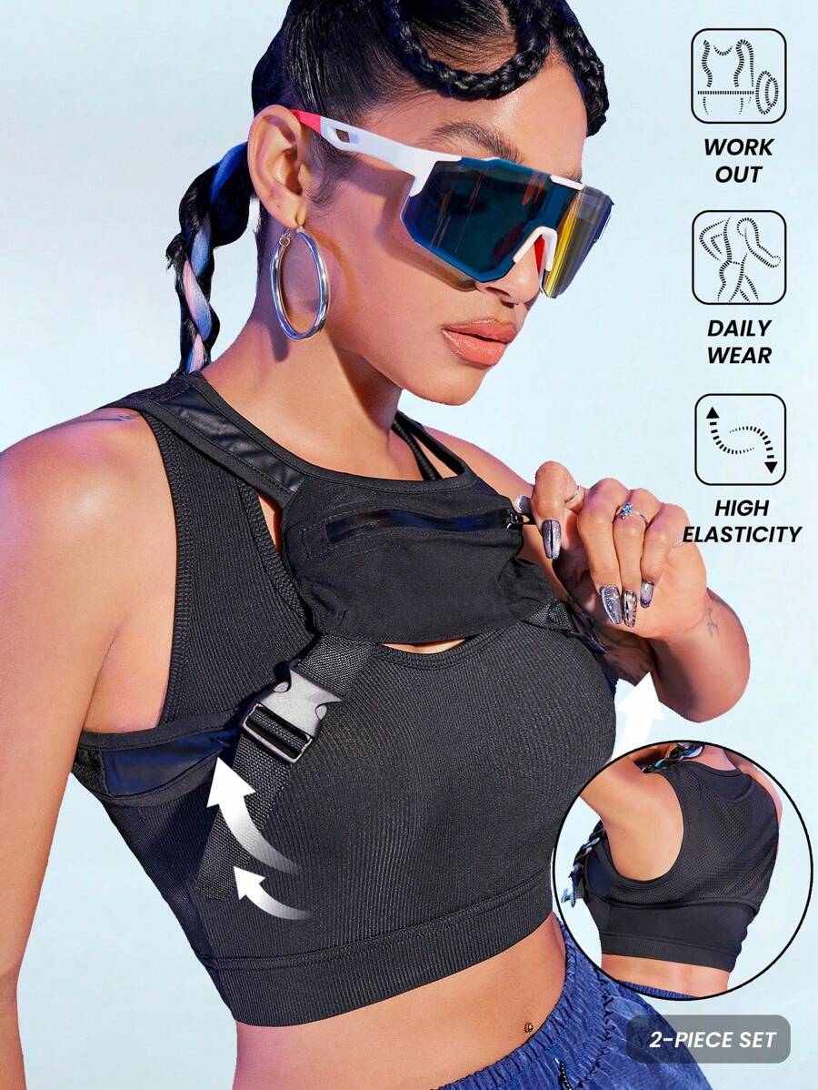 Innovista 2 pezzi/set Copri-serbatoio sportivo regolabile traspirante con costine, top corto per corsa/ciclismo, 2 pezzi tuta da donna con curve, adatto per campeggio all'aperto, escursionismo, spostamenti in città, palestra, allenamento