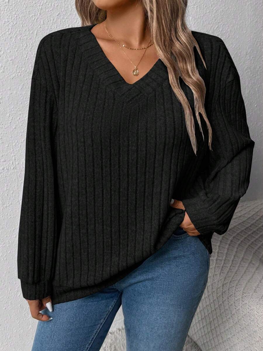 Plus Size Women Wide Ribbed V-Neck Casual Loose Pullover Sweatshirt, Suitable For Autumn/Winter Graduation,Back To School Outfits,Graduation,Teacher Outfits For Women,Back To School