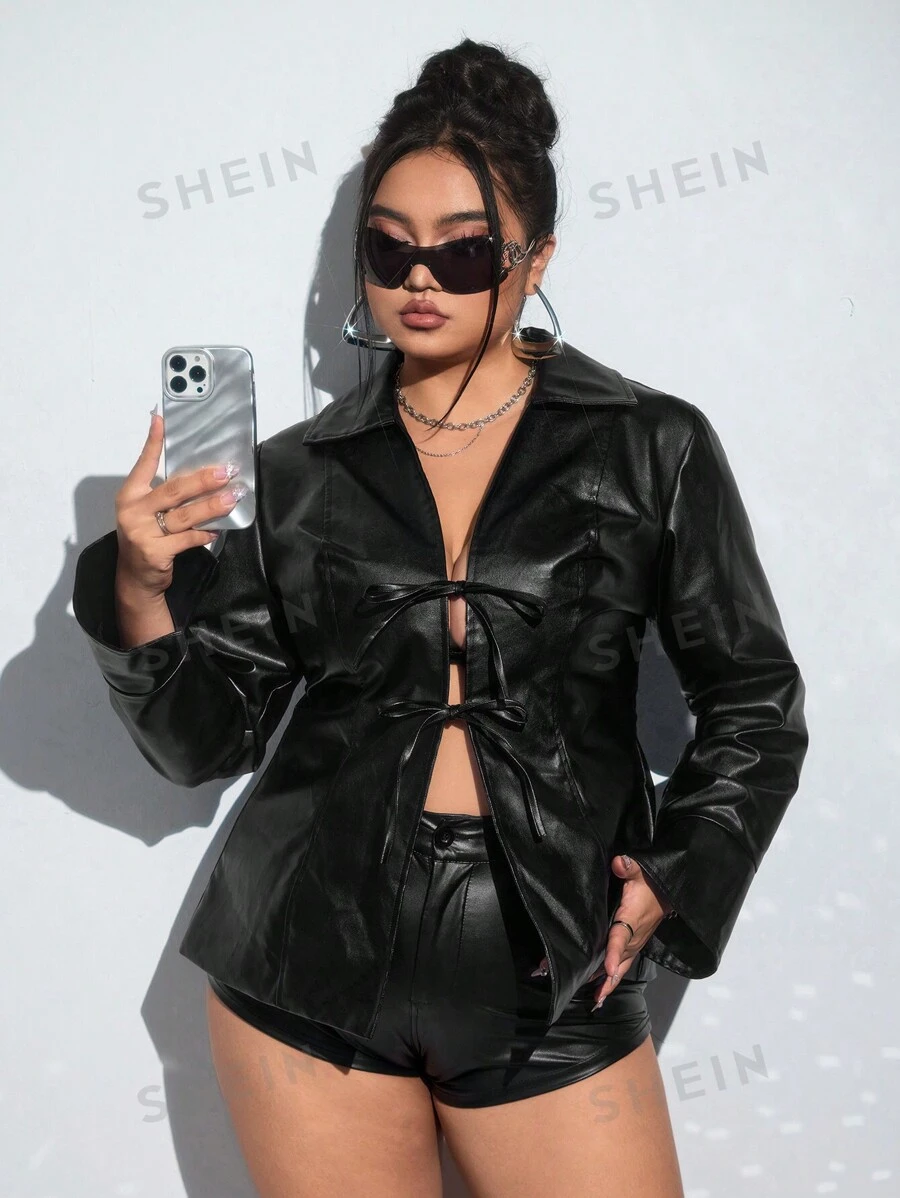 SHEIN ICON Chaqueta de piel de imitación negra con moño, atuendo sexy para citas, para Navidad, talla grande