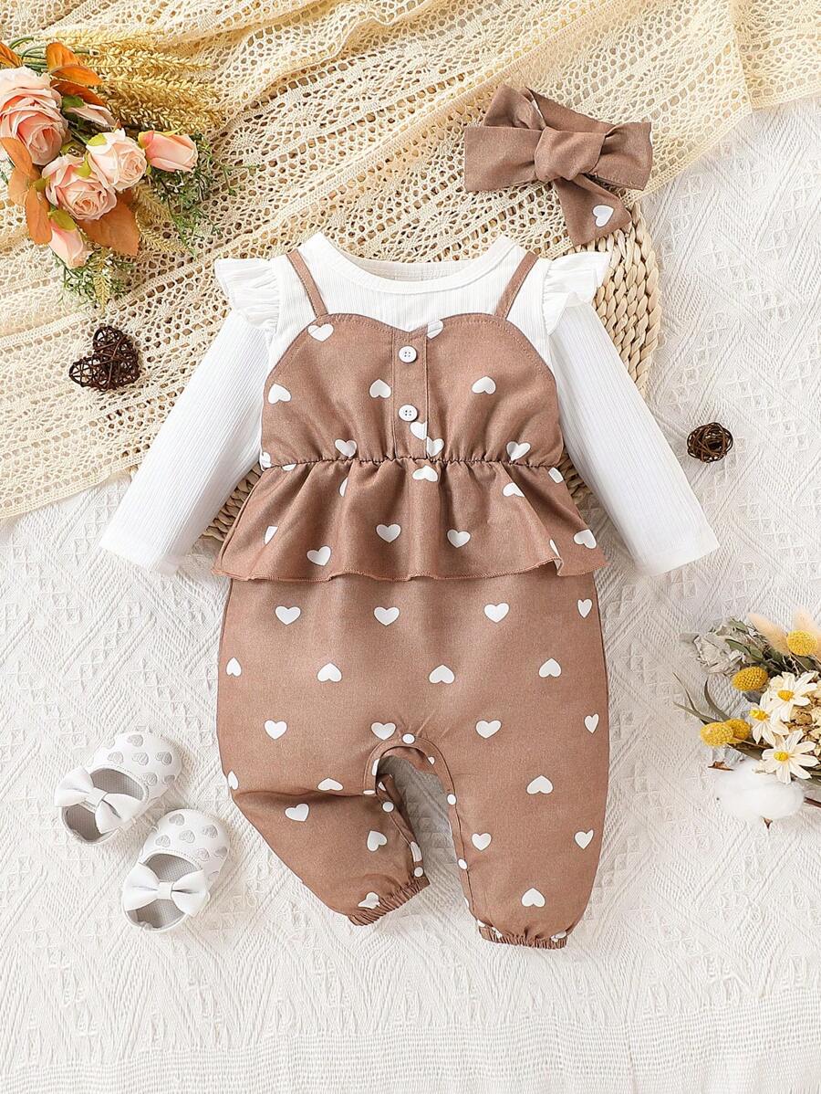 Schattige Baby Meisjes Voetjes Met Hartenprint 2 In 1 Lange Mouw Jumpsuit, Voor Herfst/Winter