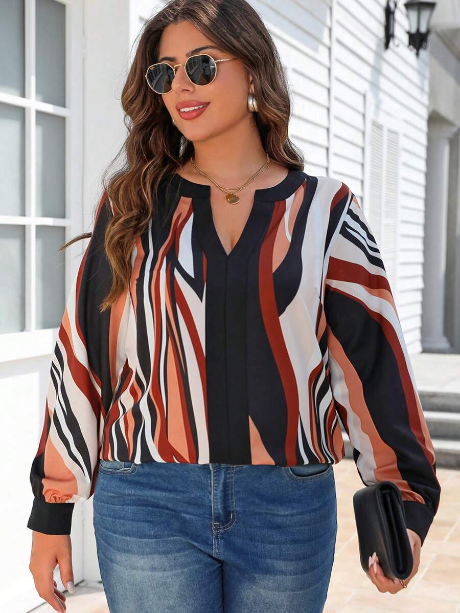 SHEIN LUNE Plus Size damska kolorowa bluzka w paski z dekoltem w serek z bufiastymi rękawami, swobodna, elegancka, wiosna, jesień