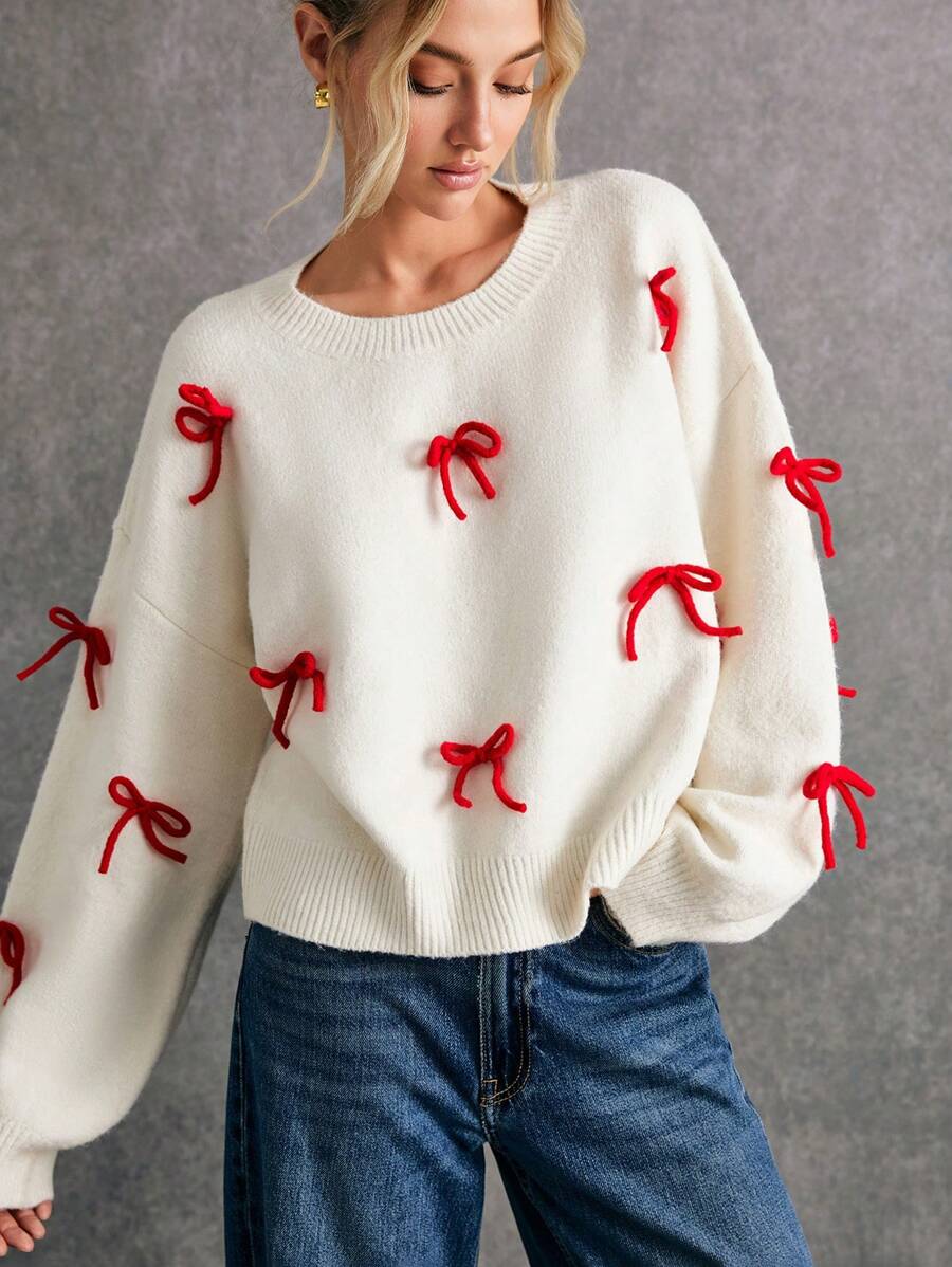 Poéselle Women White Christmas Cute Red Bow Decor Sweater, Oversized Winter Clothes, Fall Tops