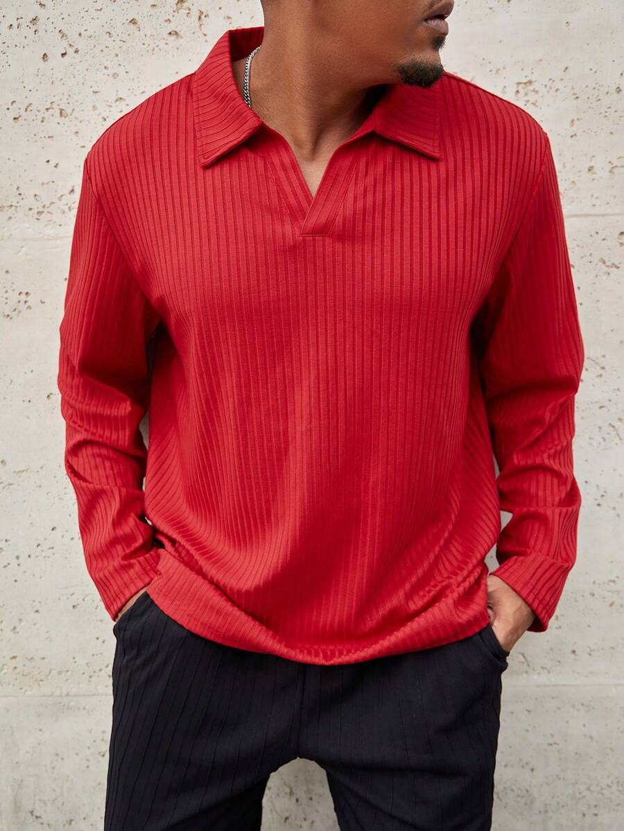 Manfinity Homme Camisa polo de manga larga casual de unicolor con cuello plano para hombre talla grande, para otoño, para salir
