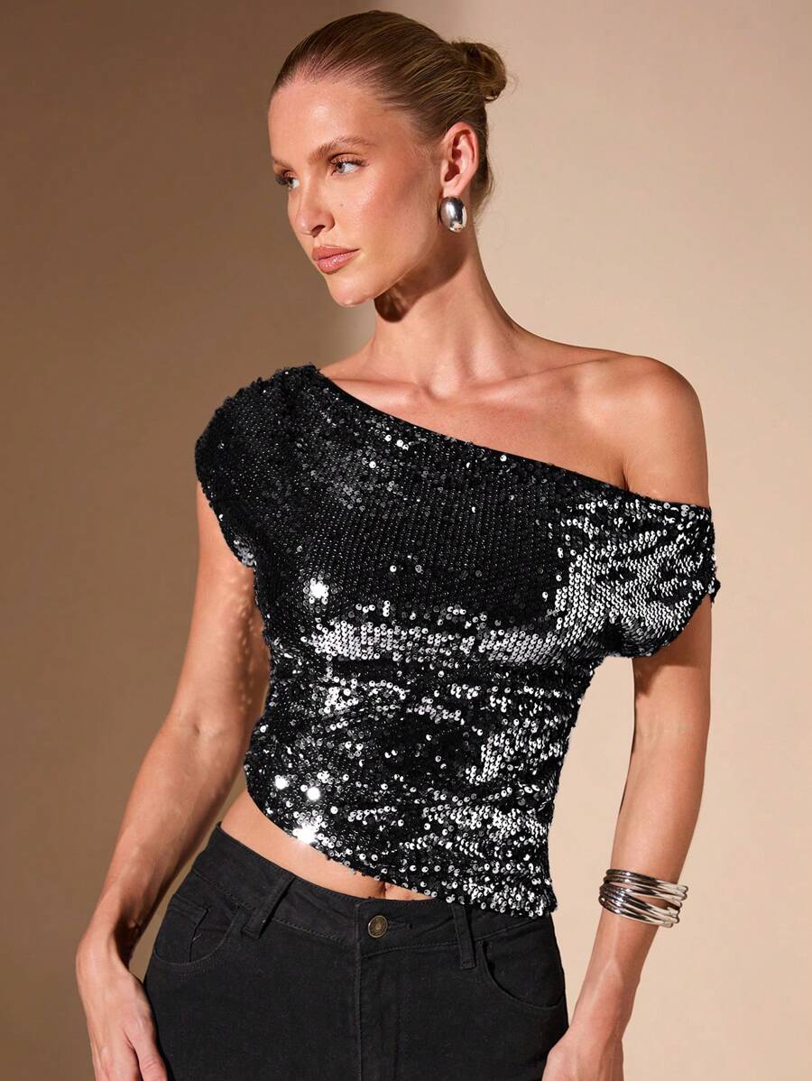 SHEIN BAE 1pc Women Minimalist Sexy Asymmetric Shoulder Top, Metallic Sequin Embellishment Slanted Hem, For Party Season, Autumn/Winter