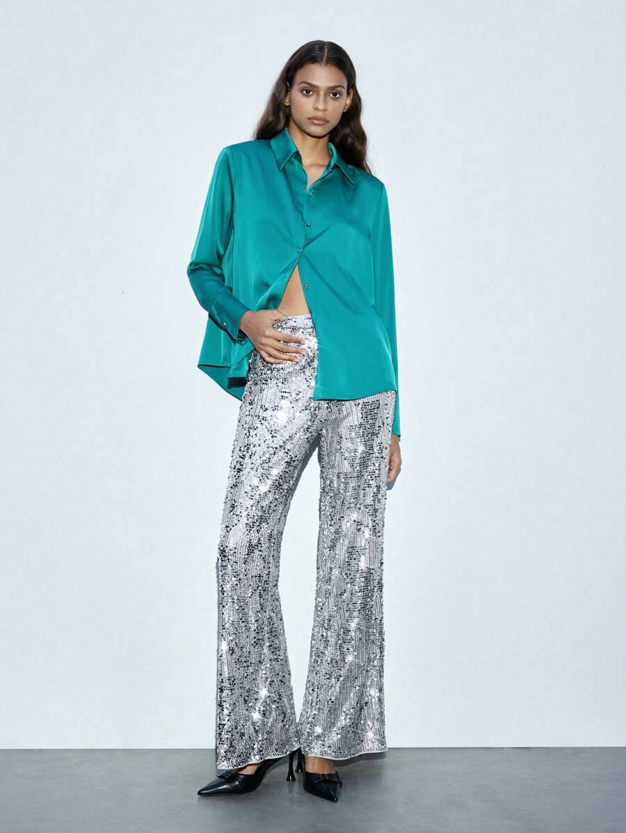 Maija Zilveren gebreide flared broek met pailletten voor dames, elegante feest-/Valentijnsdagkleding, lente/zomer
