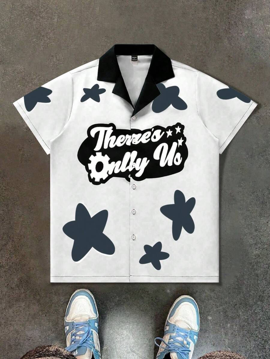 Manfinity Streetrush Men's Summer Casual Daily Letter & Star Print Short Sleeve Shirt