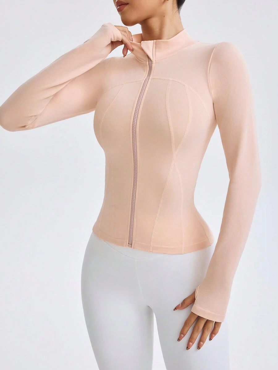 Damen Sportjacke mit durchgehendem Reißverschluss, einfarbig, Langarm, mit Kragen