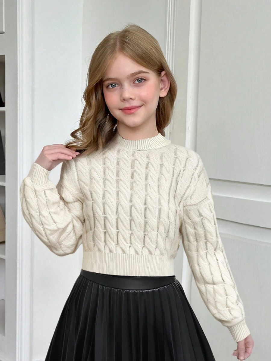 SHEIN Suéter corto de punto de cable en color beige liso con hombros caídos para niña preadolescente, para uso diario