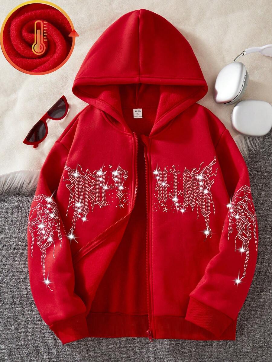 Tween Girl Zip-Up Rhinestone Punk Stijl Hoodie Sweatshirt, Voor Kerstmis