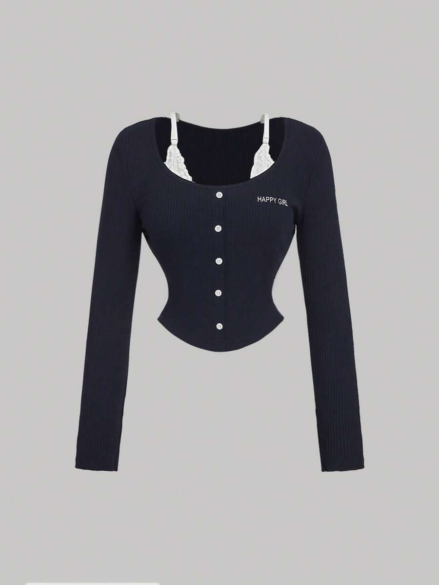 SHEIN MOD Camiseta azul marino linda con botones contrastantes en el frente con encaje, camiseta de otoño, camiseta de estilo universitario, camiseta casual, top para salir de princesa para mujer