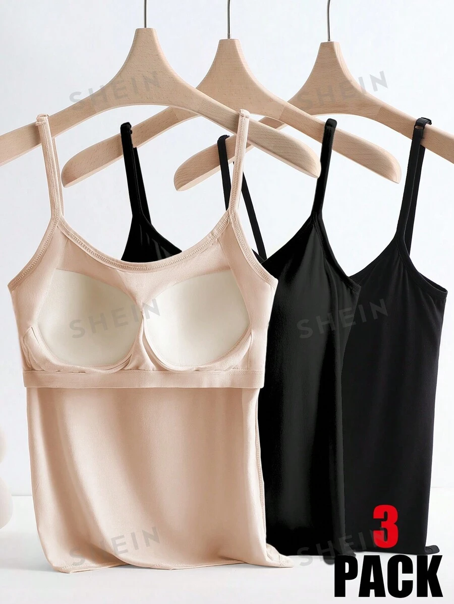 SHEIN LUNE Juego de 3 camisolas sin costuras con sujetador con acolchado, cómodo y transpirable con agarre antideslizante