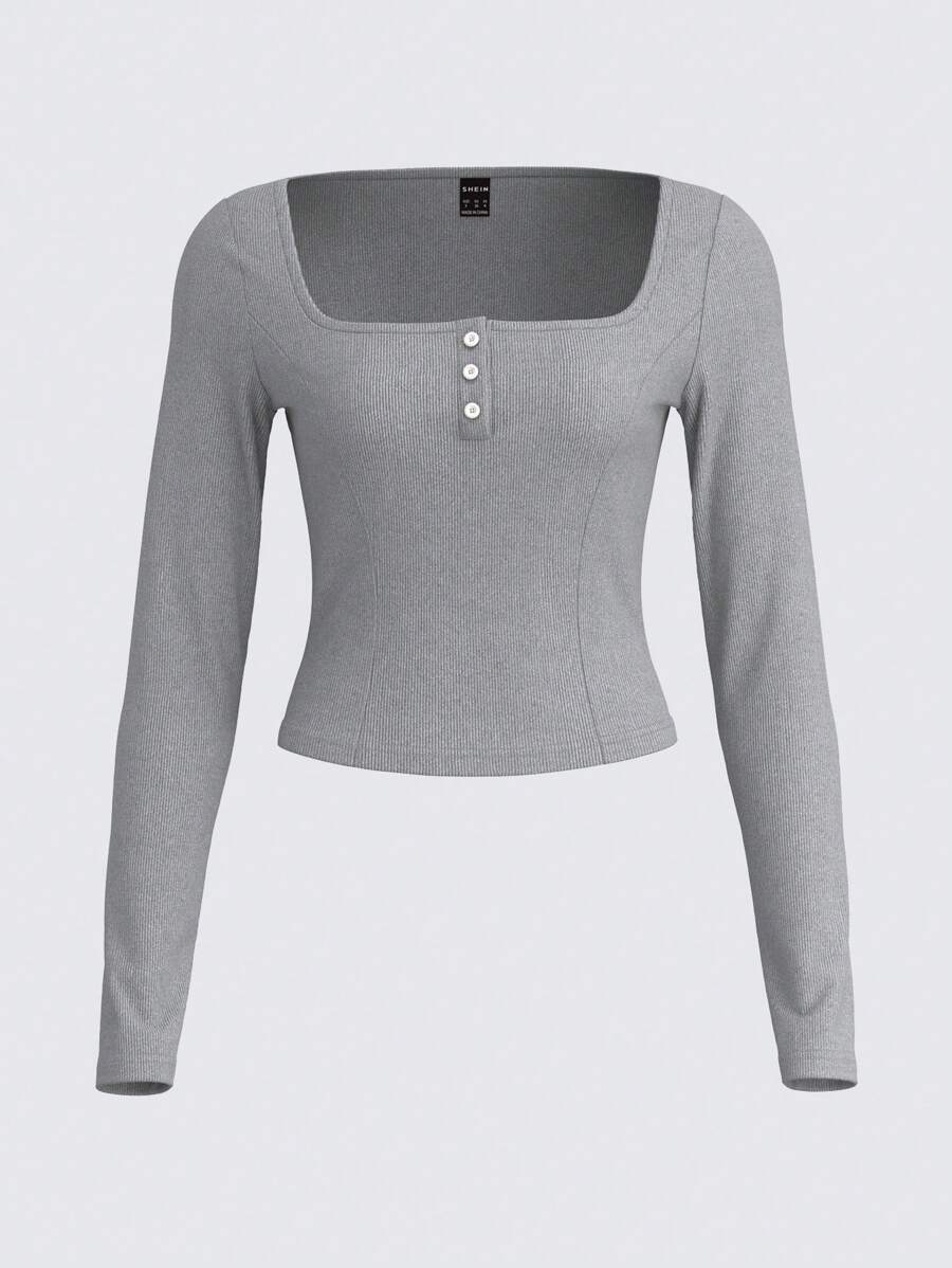 SHEIN BASICS Casual Solid Color Scoop Neck Cropped Fitted T-Shirt For Women