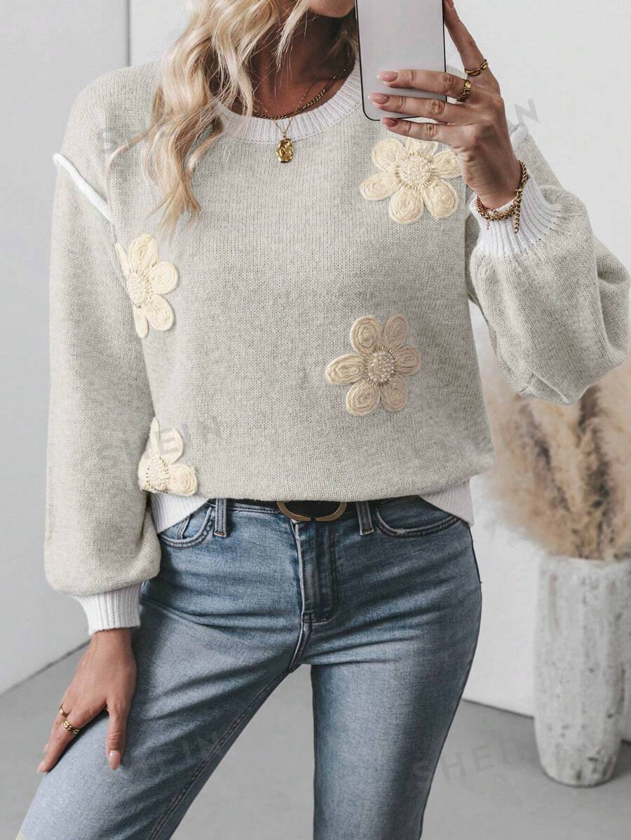 SHEIN LUNE Suéter casual de cuello redondo de manga larga con decoración floral 3D para mujer