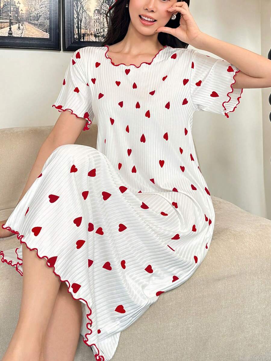 Dream Adore Camisón con estampado de corazón y dobladillo curvo de manga corta para mujer