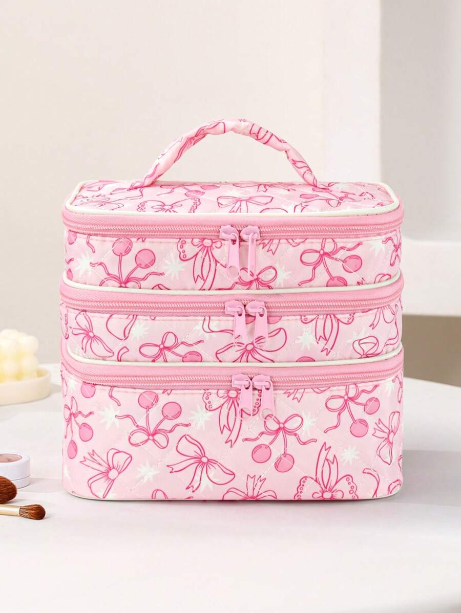 Ashley Baxter Bolsa de cosméticos kawaii con diseño de arco y cereza, de 3 capas, con forma cuadrada, ideal para vacaciones, Año Nuevo, Día de San Valentín