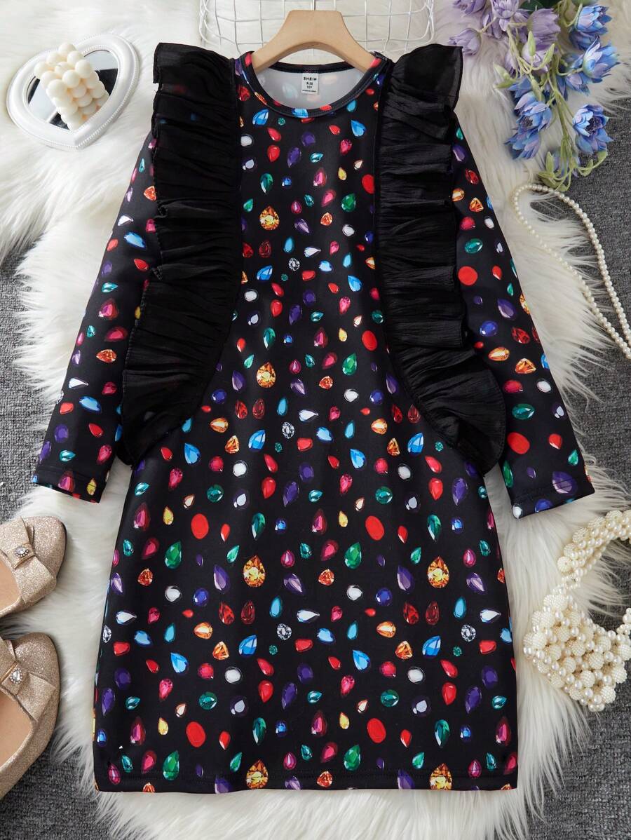 SHEIN Tween Girls Autumn Ruffled Hem Gemstone Printed Dress, For Christmas