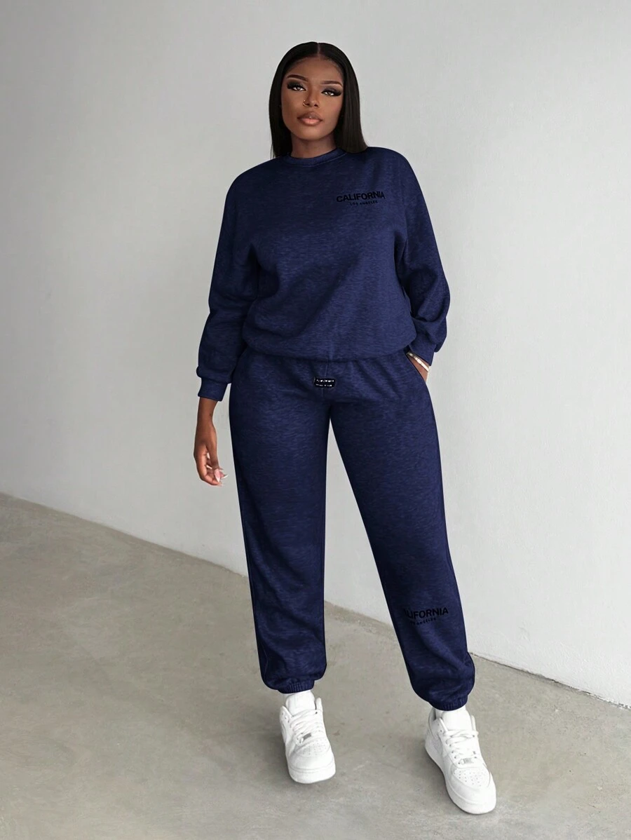 Slaydiva Casual Grey Slogan Print Crew Neck Long Sleeve Sweatshirt & Slogan Print Sweatpants Set
