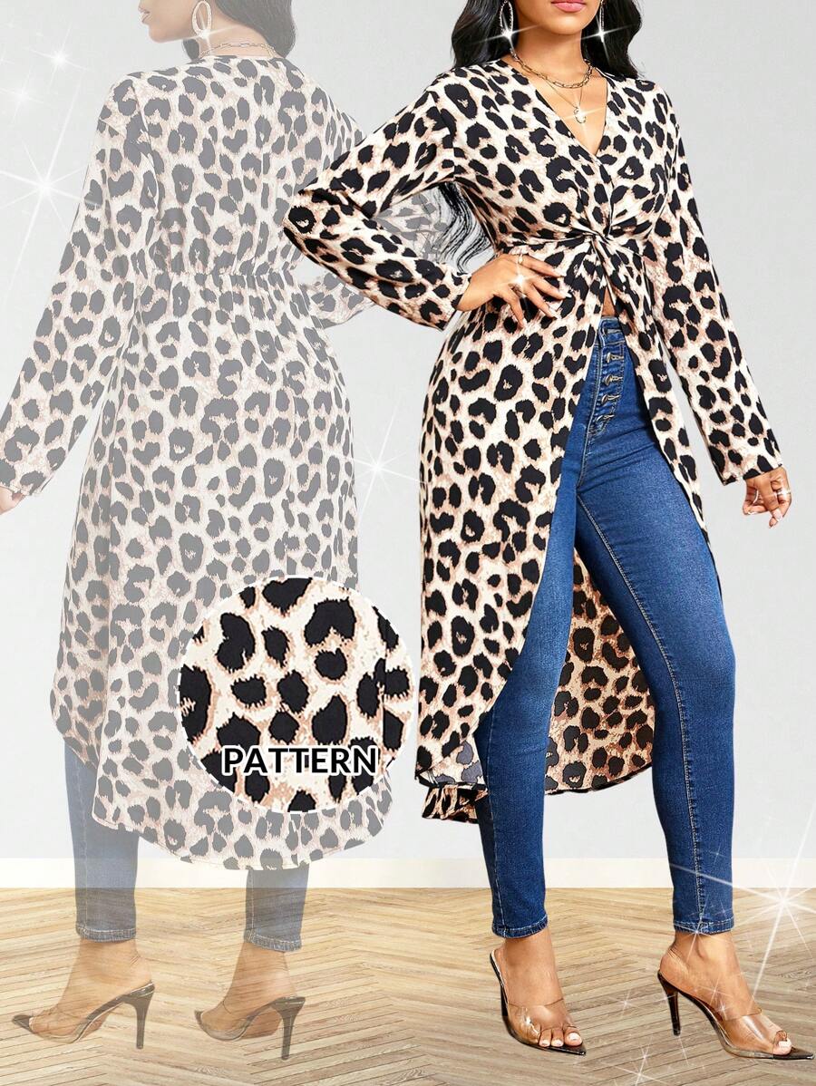 SHEIN Lady Leopard Print Shirt V-Neck Long-Sleeved Shirt Elegant Shirt With Front Twist Design Long Sleeve Shirt Mexican Tops Fall Women Tops