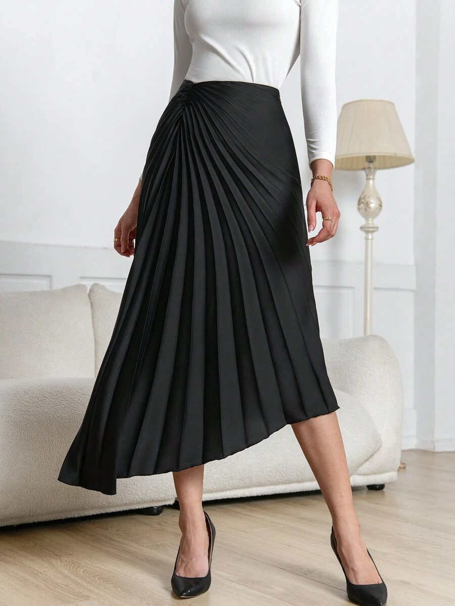 SHEIN Privé 1pc Women Casual Versatile Elegant Asymmetric Pleated Skirt, Suitable For Autumn/Winter