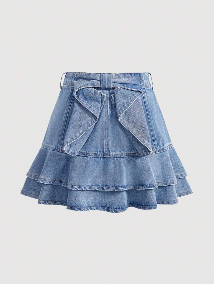 SHEIN EZwear Women's Casual Sweet Denim Mini Skirt With Bowknot Accent & Ruffle Hem, High Waist, Blue