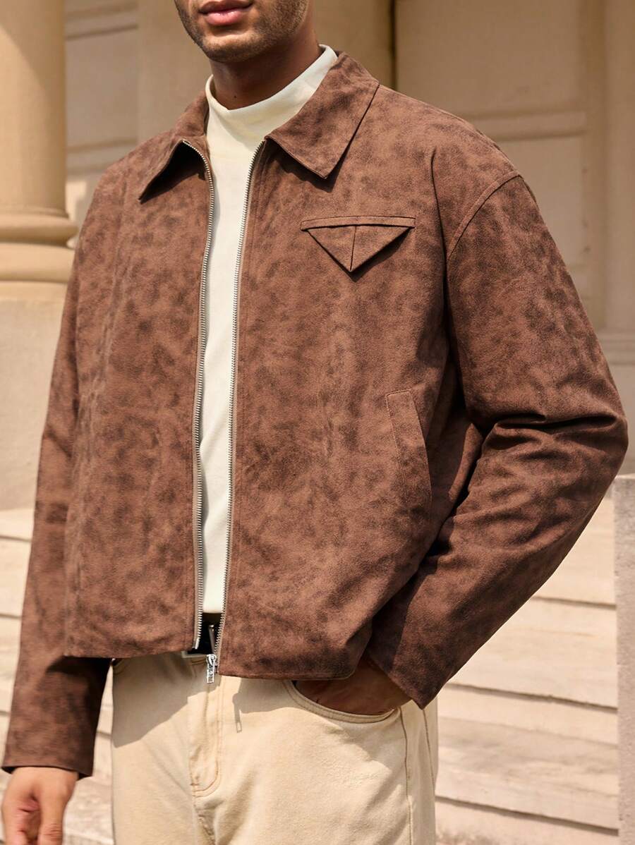 Manfinity ModaGents Men Casual Young PU Loose Long Sleeve Leather Jacket