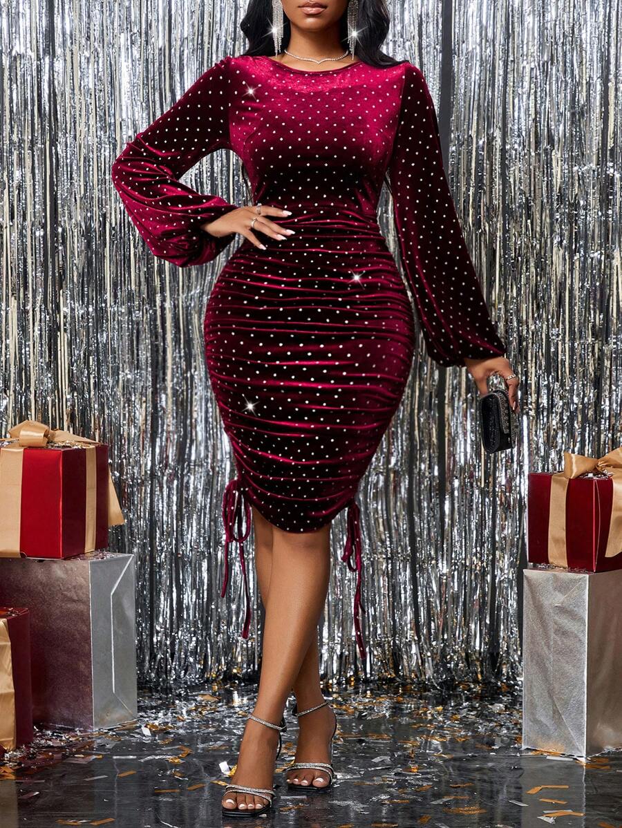 SHEIN Lady Birthday Party Christmas Party&New Year Party Dresses Women's Midi Dress Sparkling Velvet Sequins Burgundy Diamond-Embellished Smocked Balloon-Sleeve Miniskirt & Burgundy Skirt Princess Women Dress Elegant Dress Christmas Women Dress Sexy Dress Fall Women Clothes Dress Red Long Sleeve Dress Homecoming Dresses