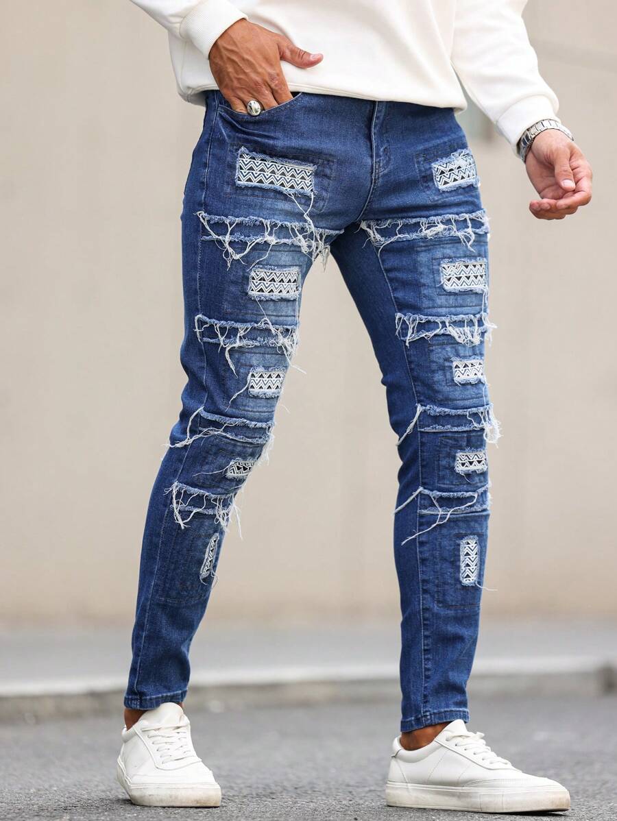Manfinity LEGND Jeans ajustados de mezclilla para hombre con bolsillo y rotos, vaqueros largos ajustados de color azul oscuro liso deshilachado, regalo para esposo o novio