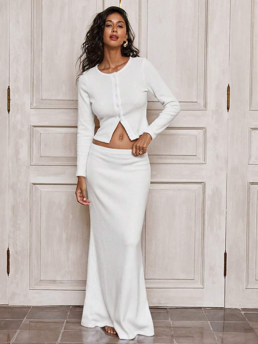 Opulessa 2pcs Solid Color Knitted Long Sleeve Top & Fish Tail Hem Skirt Set