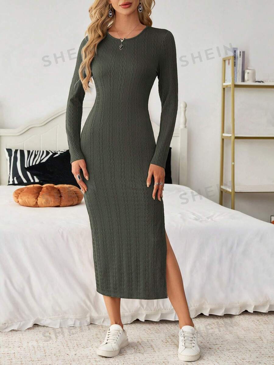 SHEIN Essnce Vestido de Body ajustado de manga larga y cuello redondo de otoño/invierno casual con abertura lateral para mujer, vestido midi de otoño para Halloween