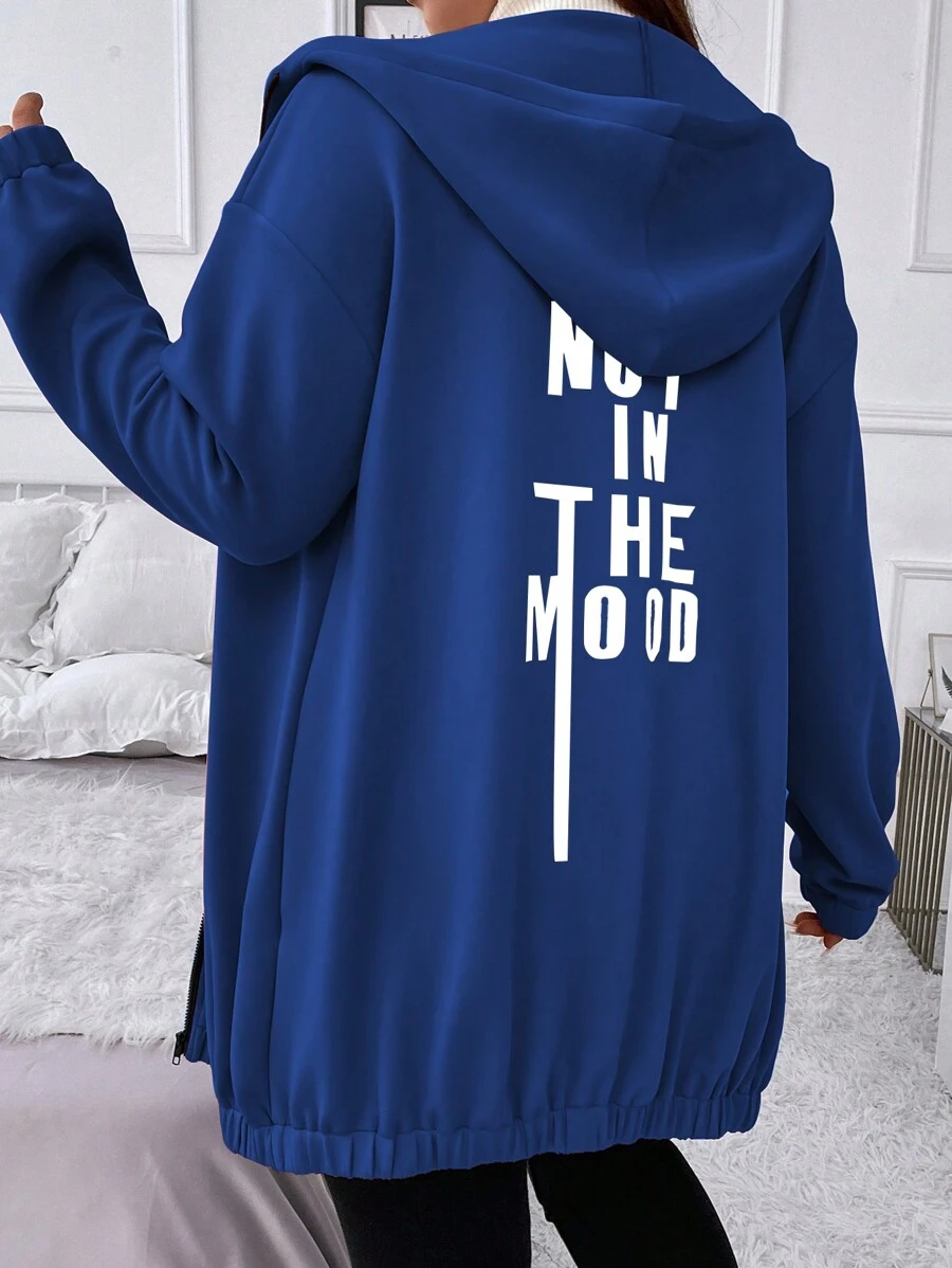 Flirla Chaqueta con capucha casual de manga larga con hombros caídos y estampado de eslogan para mujer de talla grande, otoño