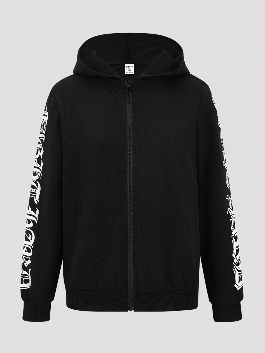 SHEIN Tween Girl Letter Graphic Zip Up Hooded Jacket