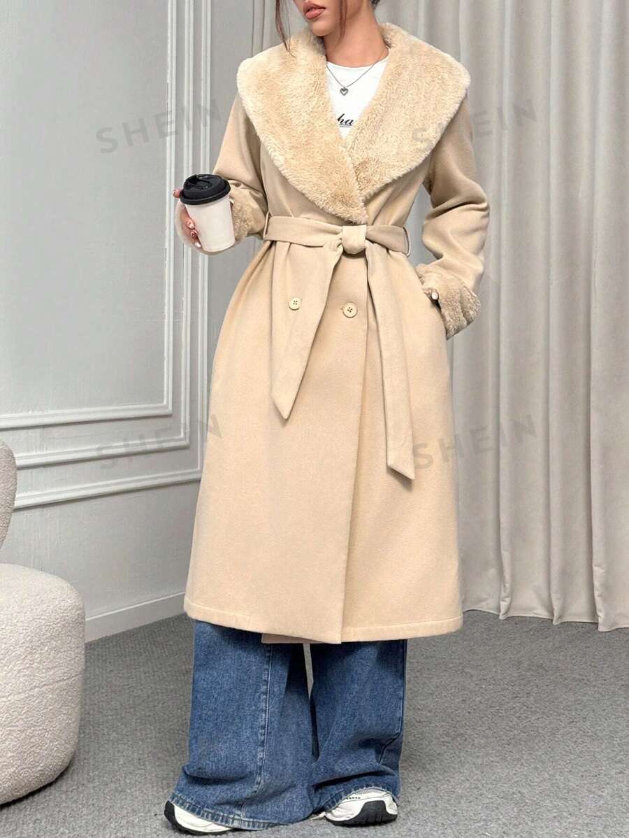 SHEIN EZwear Nuevo abrigo negro de otoño/invierno con cuello de piel y diseño cruzado doble, de largo hasta la rodilla
