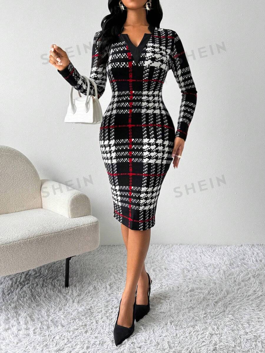SHEIN Lady Vestido midi de patchwork con estampado a cuadros navideño
