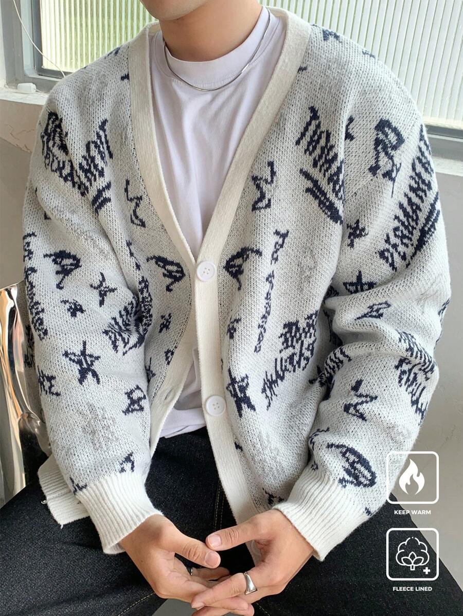 Manfinity Hypemode Chaqueta de punto informal de corte casual con gráfico de letra y ribete de contraste para hombre, de hombros caídos y bloqueo de color grueso, para salir en otoño/invierno, regalo para esposo o novio