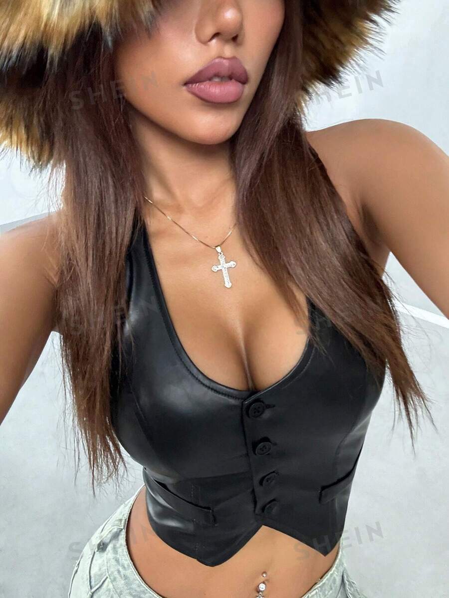 StreetHx Top halter de mujer sin espalda con botones en unicolor de piel sintética (PU)