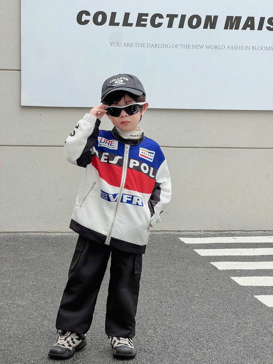 SHEIN Set de 2 piezas Chaqueta de motocicleta de color contrastante y pantalones deportivos casuales cómodos para niños, estilo fresco y elegante, corte holgado, tacto suave, apropiado para la escuela, salidas en primavera y otoño