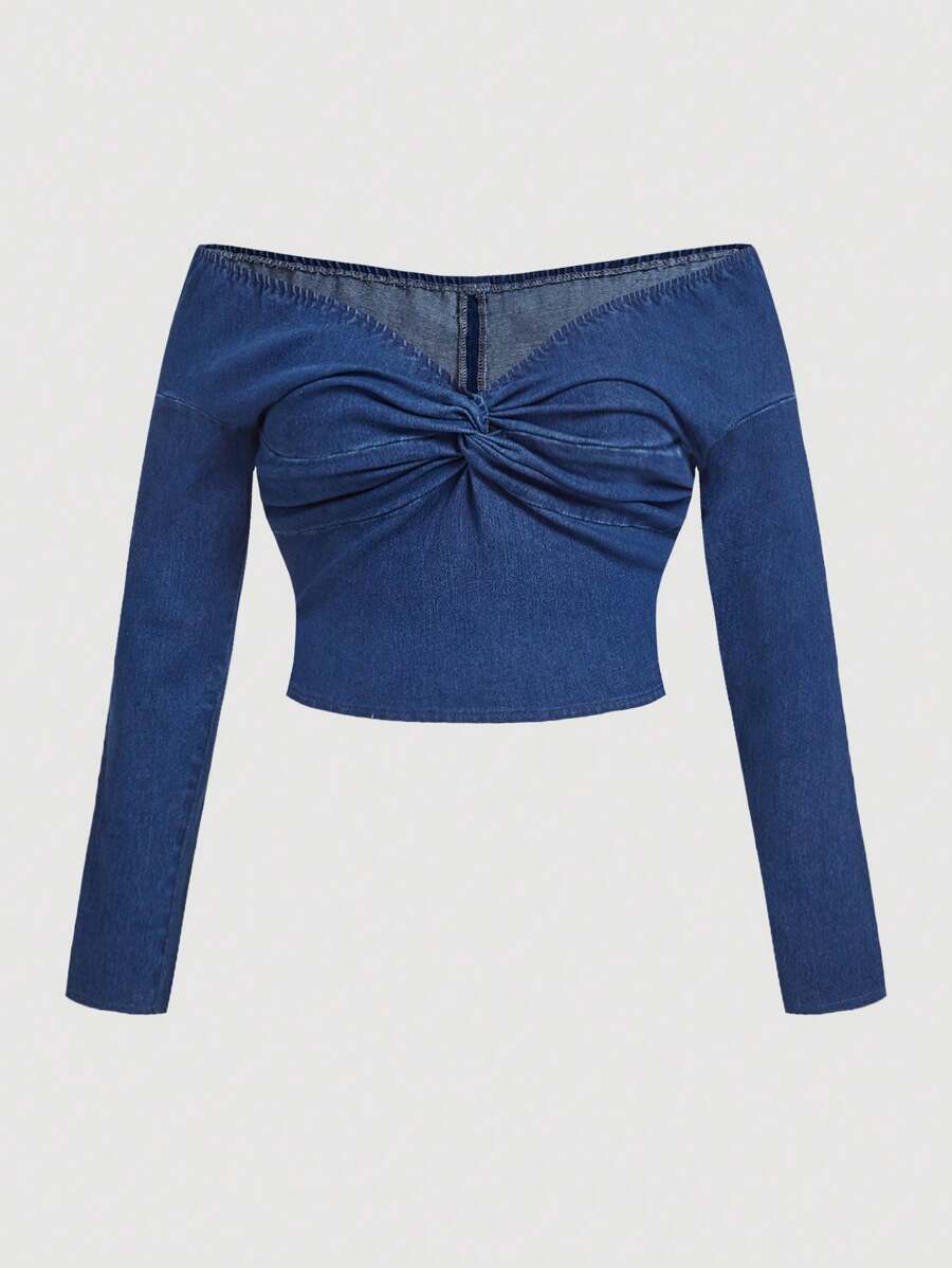 SHEIN MOD Plus Size Off Shoulder Tight Fit Lange Mouw Denim Blouse, Blauw