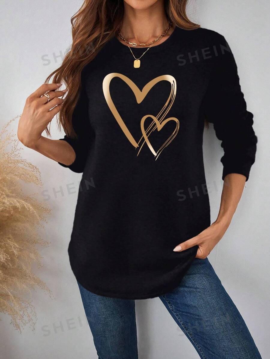 EMERY ROSE Sudadera de cuello redondo grueso con estampado de corazón, estilo casual para mujer, para otoño/invierno