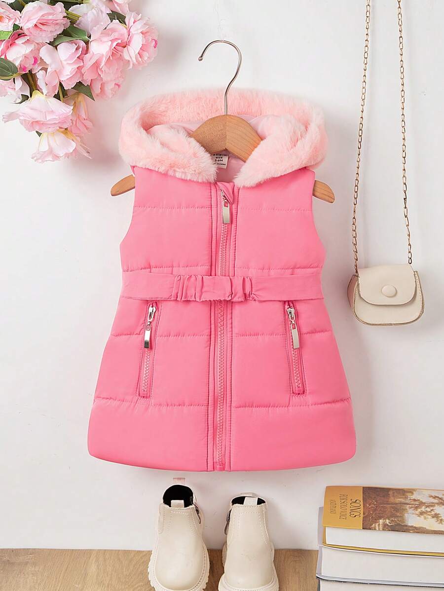 SHEIN 2pcs Baby Girls Hooded Sleeveless Belted Vest Outfit, Thick Warm Fashion Minimalist Style, New Autumn Winter Collection 2024