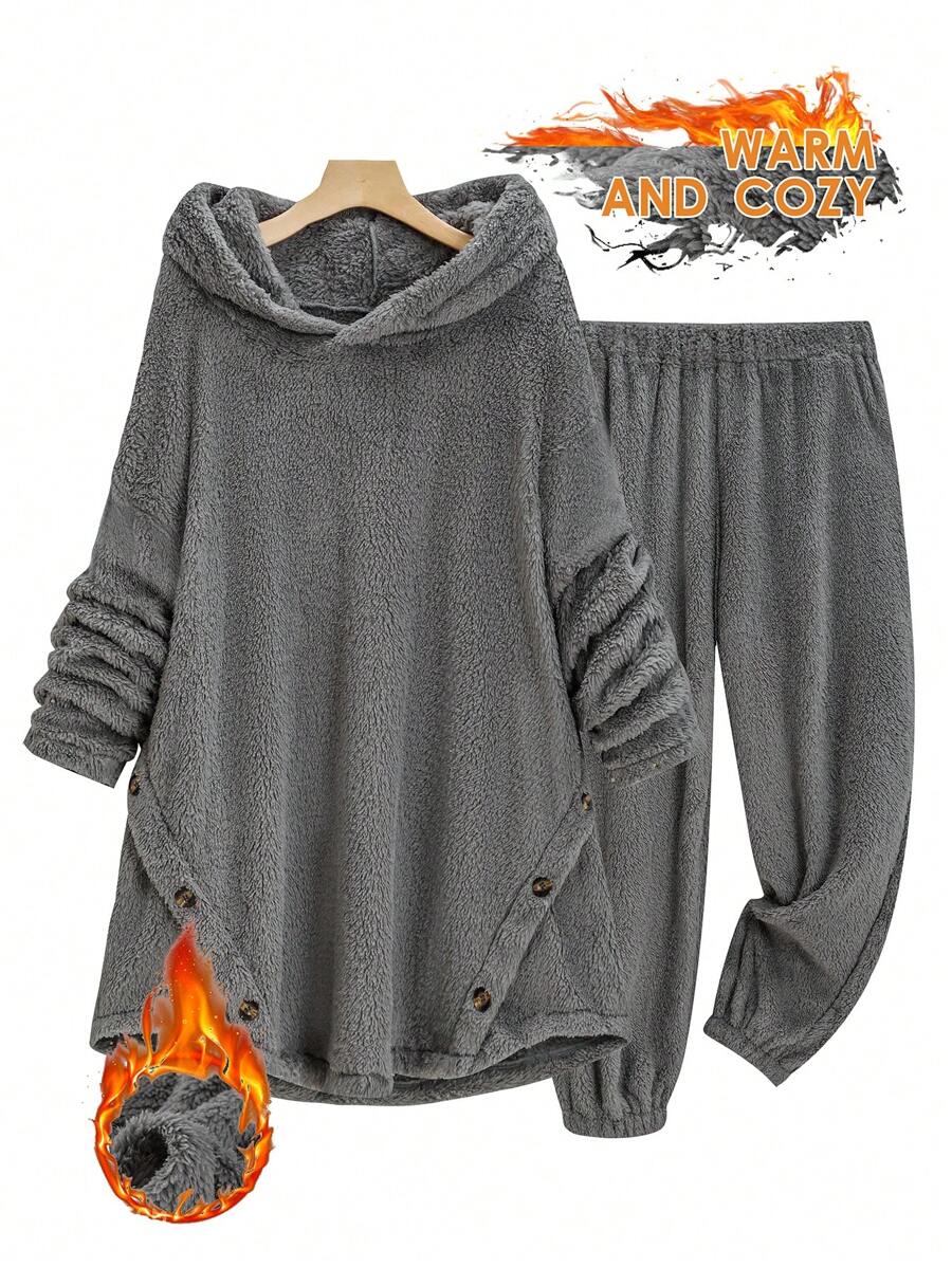 SHEIN LUNE Plus Size Asymmetrical Hem Button Casual Hooded Top & Pants 2 Pieces Set, Winter Fall