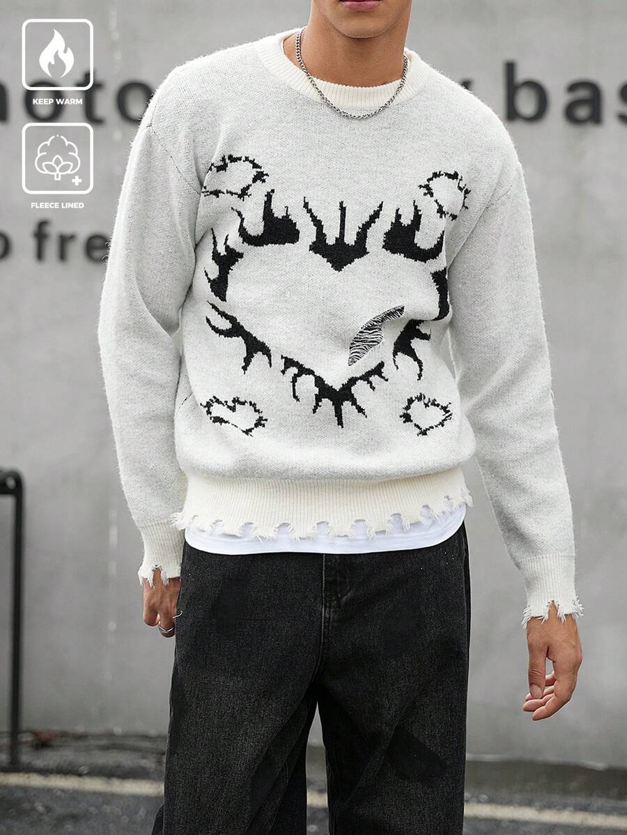 Manfinity EMRG Jersey informal de cuello redondo de manga larga con estampado de corazones para hombre, apto para otoño/invierno