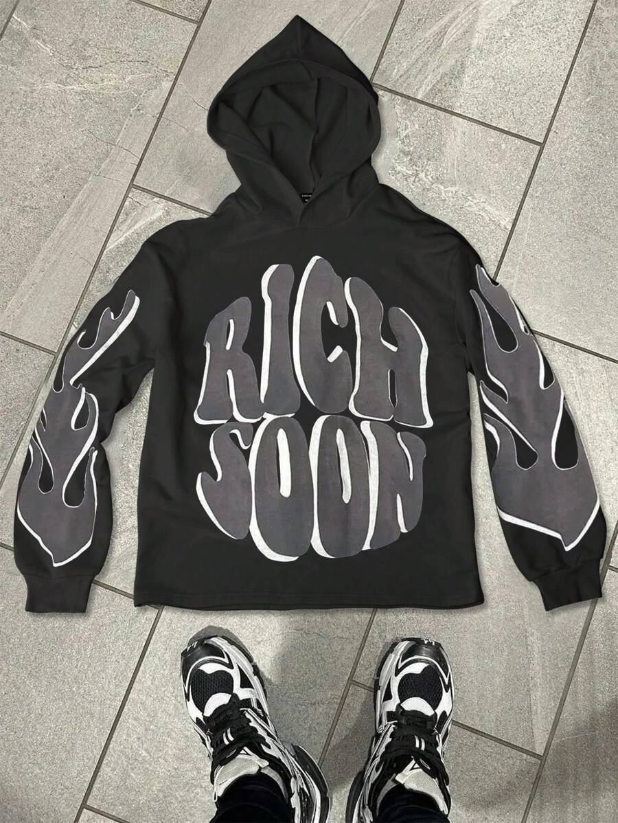 Manfinity Streetrush Men's Casual Letter Print Loose Fit Hoodie, Autumn/Winter