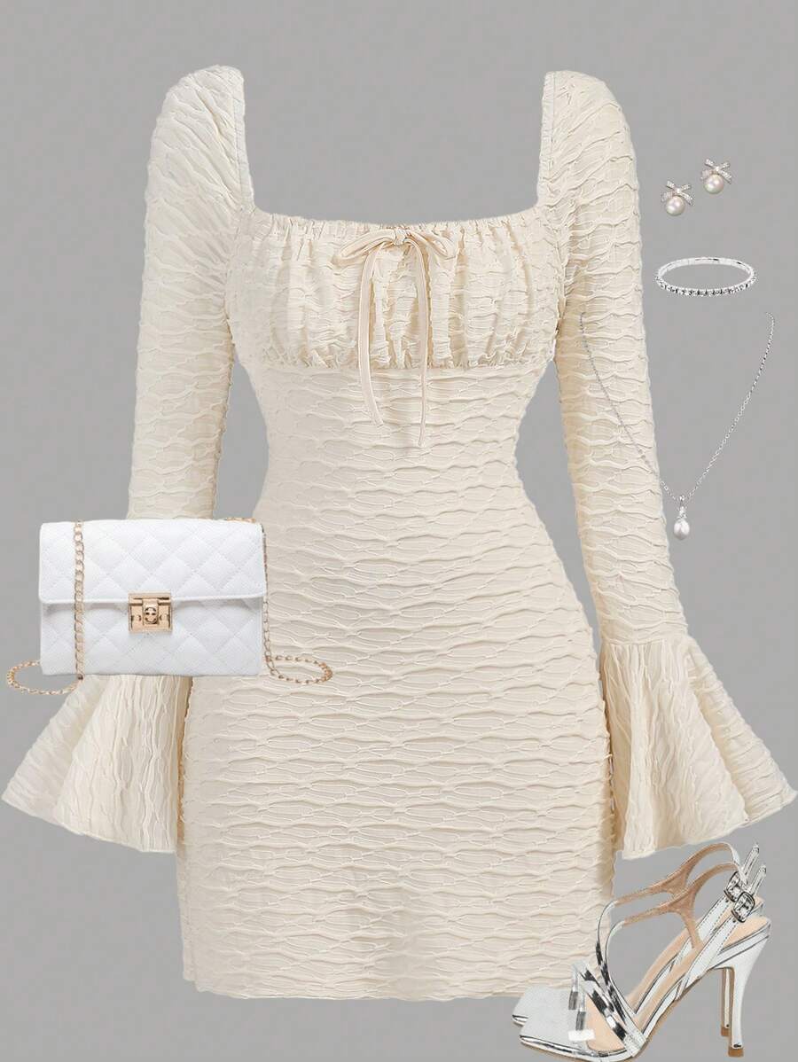Girlism Teen Girls Apricot Knit Textured Long Sleeve Sheer Flare Sleeve Elegant Vintage Casual Dress
